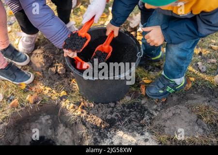 Kinder spielen und graben mit Schaufel Boden oder helfen, Baum im Stadtpark zu Pflanzen Stockfoto