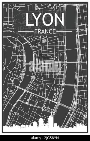 Ein Stadtplakat mit dunklem Ausdruck und Panoramasilhouette und handgezeichneten Straßen auf dunkelgrauem Hintergrund der Innenstadt VON LYON, FRANKREICH Stock Vektor