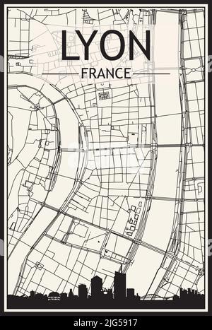 Stadtplakat mit hellem Ausdruck und Panoramasilhouette und handgezeichneten Straßen auf Vintage-beigefarbenem Hintergrund der Innenstadt VON LYON, FRANKREICH Stock Vektor