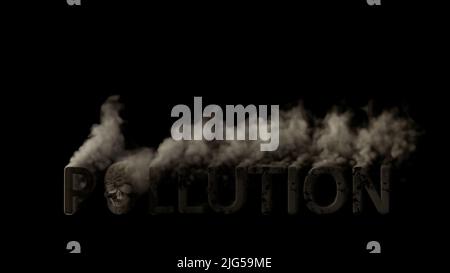 Text Verschmutzung mit Schädelrauchen auf schwarzem bg, isoliert - industriell 3D Illustration Stockfoto