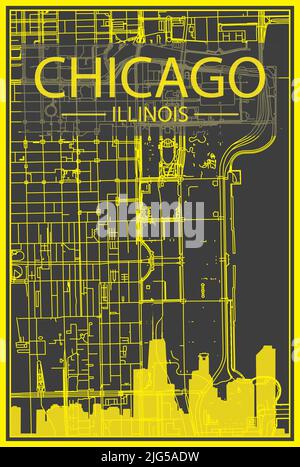 Gelbes Stadtplakat mit Panorama-Skyline und Straßennetz auf dunkelgrauem Hintergrund der Innenstadt VON CHICAGO, ILLINOIS Stock Vektor