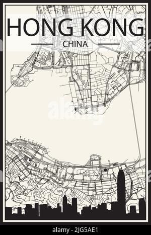 Stadtplakat mit hellem Ausdruck und Panoramasilhouette und Straßennetz auf Vintage-beigefarbenem Hintergrund der Innenstadt VON HONGKONG, CHINA Stock Vektor