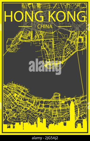 Gelbes Stadtplakat mit Panorama-Skyline und Straßennetz auf dunkelgrauem Hintergrund der Innenstadt VON HONGKONG, CHINA Stock Vektor