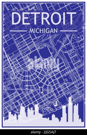 Technisches Zeichnungsausdruck Stadtplakat mit Panorama-Skyline und Straßennetz auf blauem Hintergrund der Innenstadt von DETORIT, MICHIGAN Stock Vektor
