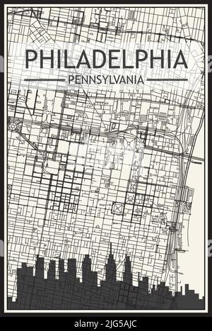 Stadtplakat mit hellem Ausdruck und Panoramasilhouette und Straßennetz auf Vintage-beigefarbenem Hintergrund der Innenstadt VON PHILADELPHIA, PENNSYLVANIA Stock Vektor