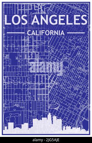 Technisches Zeichnungsausdruck Stadtplakat mit Panorama-Skyline und Straßennetz auf blauem Hintergrund der Innenstadt VON LOS ANGELES, KALIFORNIEN Stock Vektor