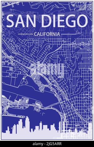 Technisches Zeichnungsausdruck Stadtplakat mit Panorama-Skyline und Straßennetz auf blauem Hintergrund der Innenstadt von SAN DIEGO, KALIFORNIEN Stock Vektor