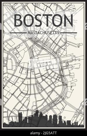 Stadtplakat mit hellem Ausdruck und Panoramasilhouette und Straßennetz auf Vintage-beigefarbenem Hintergrund der Innenstadt VON BOSTON, MASSACHUSETTS Stock Vektor