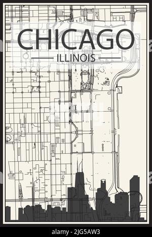 Stadtplakat mit hellem Ausdruck und Panoramasilhouette und Straßennetz auf Vintage-beigefarbenem Hintergrund der Innenstadt VON CHICAGO, ILLINOIS Stock Vektor