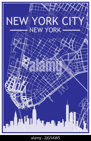 Technisches Zeichnungsausdruck Stadtplakat mit Panorama-Skyline und Straßennetz auf blauem Hintergrund der Innenstadt VON NEW YORK CITY, NEW YORK Stock Vektor
