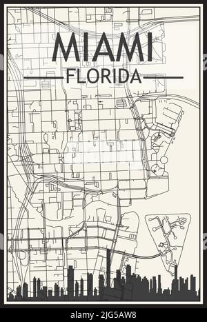 Stadtplakat mit hellem Ausdruck und Panoramasilhouette und Straßen auf einem Vintage-beigen Hintergrund der Innenstadt VON MIAMI, FLORIDA Stock Vektor