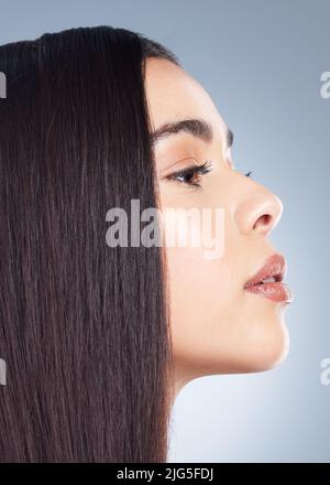 Nahaufnahme Profil einer schönen braunhaarigen Frau mit perfekt glattem Haar und natürlichem Make-up. Nahaufnahme des Profils einer schönen braunhaarigen Frau Stockfoto