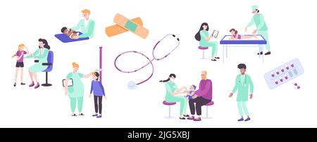 Pädiatrische Kontrollgruppe mit flachen Symbolen und isolierten Bildern von medizinischem Zubehör und Ärzten mit Vektordarstellung für Patienten Stock Vektor