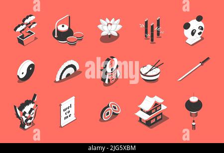 Chinesische Kultur Essen Traditionen Symbole isometrische Symbole mit Sushi-Tee-Zeremonie Yin Yang Tempel Vektor-Illustration gesetzt Stock Vektor