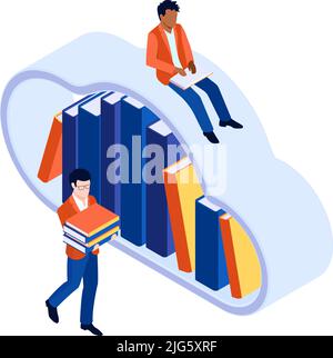 Online-Bibliothek isometrisches Symbol mit Büchern in der Wolke und Menschen lesen 3D Vektor-Illustration Stock Vektor