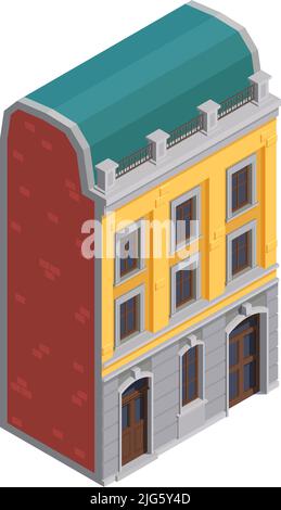 Isometrisches Symbol des vorstädtischen Mehrfamilienhauses mit grauer und gelber Fassade und grünem Seitenansicht-Vektor-Illustration des Dachs Stock Vektor
