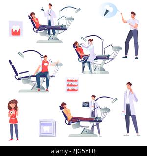 Zahnmedizin Satz von flachen isolierten Symbole und Zeichen von Zahnärzten bei der Arbeit mit Patienten und liefert Vektor-Illustration Stock Vektor