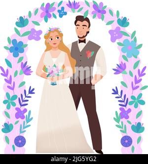 Hochzeitszeremonie Hochzeitstag Komposition mit Charakteren von Braut und Bräutigam in floralem Bogen Vektor Illustration Stock Vektor