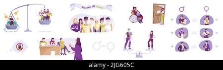 Soziale Gerechtigkeit flache Symbol setzen die verschiedenen Fähigkeiten von Menschen mit unterschiedlichen religiösen Hintergründen Geschlecht und andere Vektor-Illustration Stock Vektor