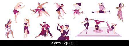 Tänzer-Set mit flachen Ikonen und Figuren von männlichen und weiblichen Tänzern einzeln und paarweise Vektor-Illustration Stock Vektor