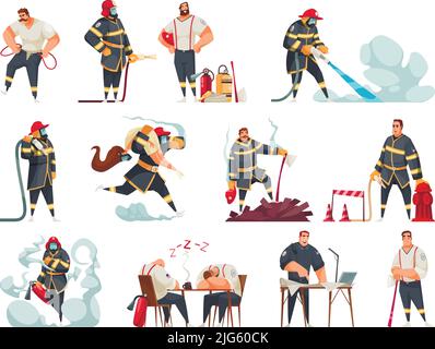 Cartoon-Symbole der Feuerwehrleute in Uniform in verschiedenen Situationen isoliert auf weißem Hintergrund Vektor-Illustration Stock Vektor