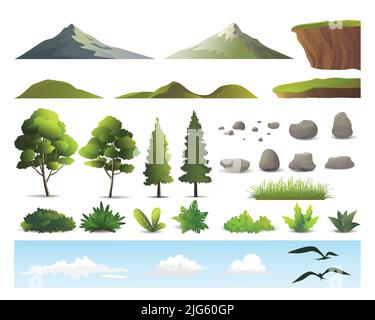 Berge, Hügel, Klippen, Steine, Baum, Büsche Vögel und Wolken, individuelle Naturlandschaft Elemente Vektor-Illustration. Stock Vektor