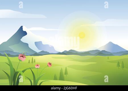 Landschaft von breiten grünen Wiese mit Kiefern und blühenden Blumen, Berge, Hügel, Sonnenaufgang und blauer Himmel, Tallandschaft im Sommer Tag. Stock Vektor