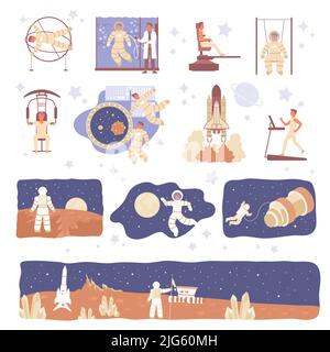 Astronaut Set mit flachen Symbolen der Raumfahrzeuge Zeichen des Astronauten im Raumanzug mit Sternen Planeten Vektor-Illustration Stock Vektor