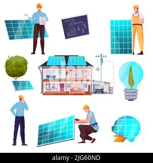 Solarenergie Wohnung Satz von Mitarbeitern von Solarkraftwerk und Haus mit Solarmodulen auf Dach isoliert Vektor-Illustration ausgestattet Stock Vektor