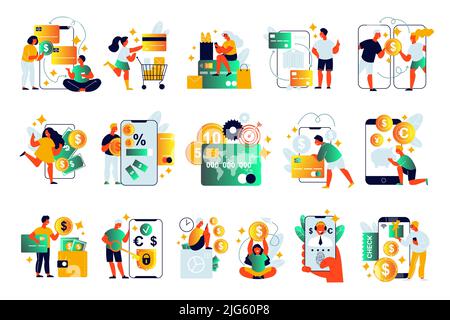 Mobile Bank Satz von isolierten Symbolen mit Bildern von Smartphones Münzen und Kreditkarten mit Menschen Vektor Illustration Stock Vektor