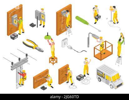 Isometrischer Farbsatz für Elektriker mit isolierten Vektorbildern für Geräte- und Servicesymbole Stock Vektor