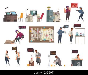Detective Investigator Polizist Cartoon Set mit Kriminalszene Rekonstruktion forensische Beweise Mörder kriminelle Haft Vektor Illustration Stock Vektor