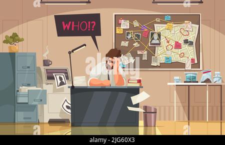 Nachdenkender Detektiv am Schreibtisch Karikatur Zusammensetzung des Ermittler Büro Interieur mit Tatort Diagramm Board Vektor-Illustration Stock Vektor