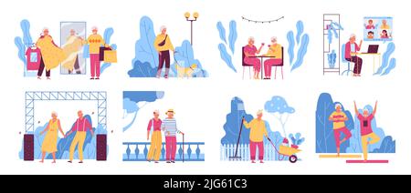 Flaches Set mit älteren Menschen tun Yoga Einkaufen Gartenarbeit Tanzen Gehen Kommunikation mit Familie isoliert Vektor-Illustration Stock Vektor