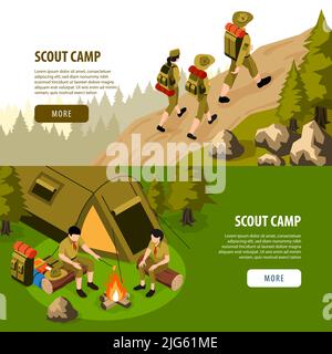 Scout Camp horizontale Banner Werbung Outdoor-Aktivitäten begleitet von Lehrer Hilfe isometrische Vektor Illustration Stock Vektor