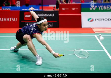 Kuala Lumpur, Malaysia. 07.. Juli 2022. Tai Tzu Ying aus Taiwan tritt beim dritten Match der Perodua Malaysia Masters 2022 in der Axiata Arena, Bukit Jalil, gegen Goh Jin Wei aus Malaysia an. Tai Tzu Ying Gewann, Score 21/15, 21/15. Kredit: SOPA Images Limited/Alamy Live Nachrichten Stockfoto