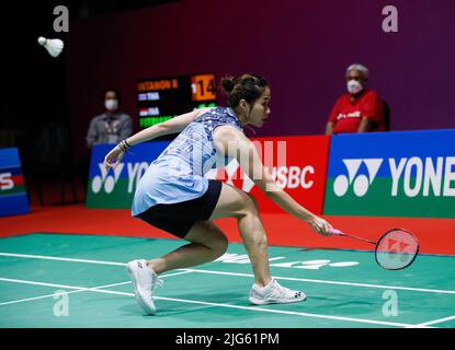 Kuala Lumpur, Malaysia. 07.. Juli 2022. Ratchanok Intanon aus Thailand tritt beim Women's Single Round Three Match des Perodua Malaysia Masters 2022 in der Axiata Arena, Bukit Jalil, gegen Fitriani Fitriani aus Indonesien an. Ratchanok Intanon Won, Score 21/18, 21/14. Kredit: SOPA Images Limited/Alamy Live Nachrichten Stockfoto