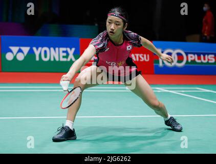 Kuala Lumpur, Malaysia. 07.. Juli 2022. Ein SE Young aus Korea tritt beim dritten Match der Perodua Malaysia Masters 2022 in der Axiata Arena, Bukit Jalil, gegen Julie Dawall Jakobsen aus Dänemark an. An Se Young Won, Score 21/11, 21/13. (Foto von Wong Fok Loy/SOPA Images/Sipa USA) Quelle: SIPA USA/Alamy Live News Stockfoto