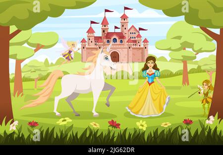 Cartoon Märchen Figuren Komposition die Prinzessin geht mit ihrem Pferd durch einen magischen Wald und steht im Hintergrund eine Burgvect Stock Vektor