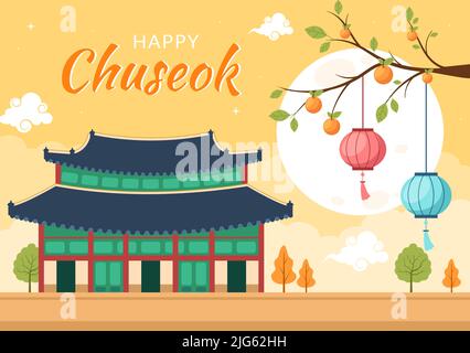 Happy Chuseok Day in Korea für Thanksgiving mit Kalligraphie-Text, Vollmond und Himmelslandschaft in flacher Cartoon-Illustration Stock Vektor