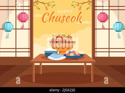 Happy Chuseok Day in Korea für Thanksgiving mit Kalligraphie-Text, Vollmond und Himmelslandschaft in flacher Cartoon-Illustration Stock Vektor