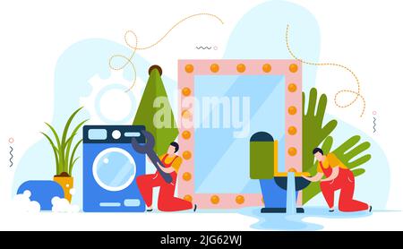 Flache bunte Komposition mit blockierten Toilette defekte Waschmaschine und Klempner bei der Arbeit Vektor-Illustration Stock Vektor