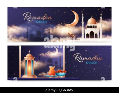 Ramadan kareem muslim heiligen Monat Feier 3 Banner Grußkarten mit Moschee Mond festliche Nahrung realistische Vektor-Illustration Stock Vektor