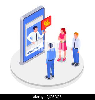 Marketing-Technologien isometrische farbige Konzept Werbekampagne mit Rabatt und Kommentar in der sozialen Netzwerk Vektor Illustration verbunden Stock Vektor