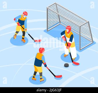 Isometrische Komposition des Internationalen olympischen Tages mit Eislaufbahn-Landschaft und Eishockeyspielern mit Stöcken und Puck-Vektor-Illustration Stock Vektor