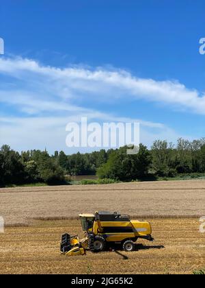 Mähdrescher erntet reifen Weizen, Landwirtschaft, Frankreich Stockfoto