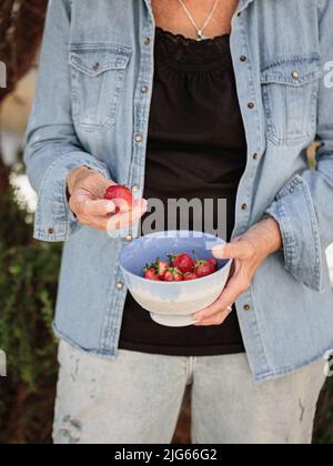 Hände einer älteren Frau, die eine Schüssel mit reifen Erdbeeren in der Hand hält Stockfoto