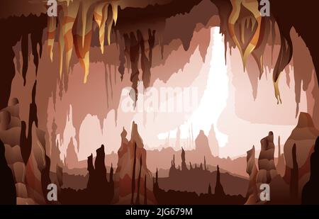 Kalkstein Höhle Innenraum mit hängenden von der Decke Stalaktiten und aus Boden Stalagmiten natürlichen Mineralformationen Vektor-Illustration Stock Vektor