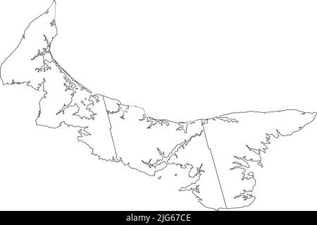 Weiße flache leere Vektor-Verwaltungskarte der Grafschaften der kanadischen Provinz Prince EDWARD ISLAND, KANADA mit schwarzen Grenzlinien seines Landkreises Stock Vektor