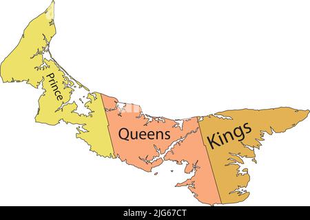 Pastellfarbene flache Vektor-Verwaltungskarte der kanadischen Provinz Prince EDWARD ISLAND, KANADA mit schwarzen Grenzlinien und Namensschildern der Grafschaften Stock Vektor